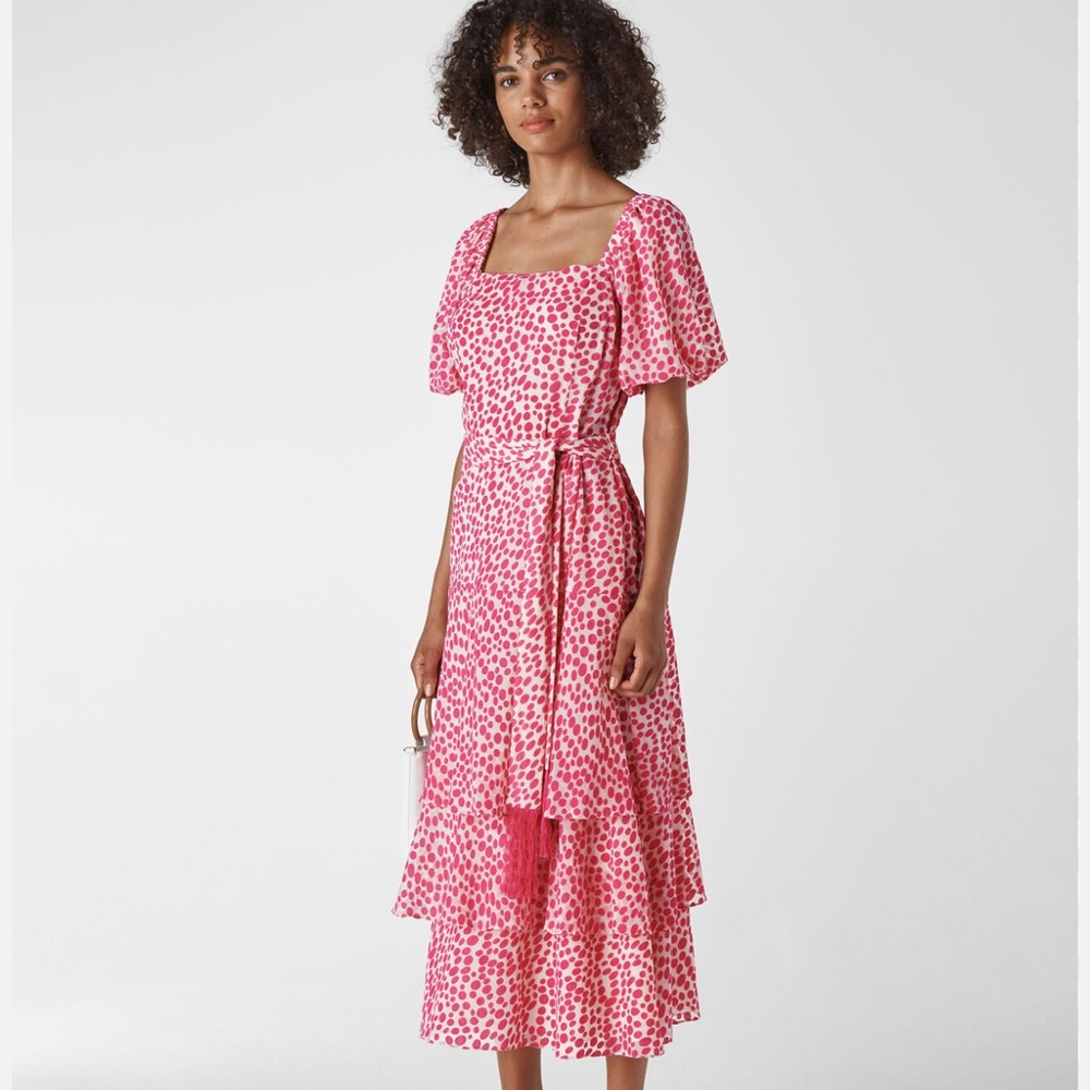 Whistles Viola short sleeve midi pink dot dress sz 2 US /6 UK